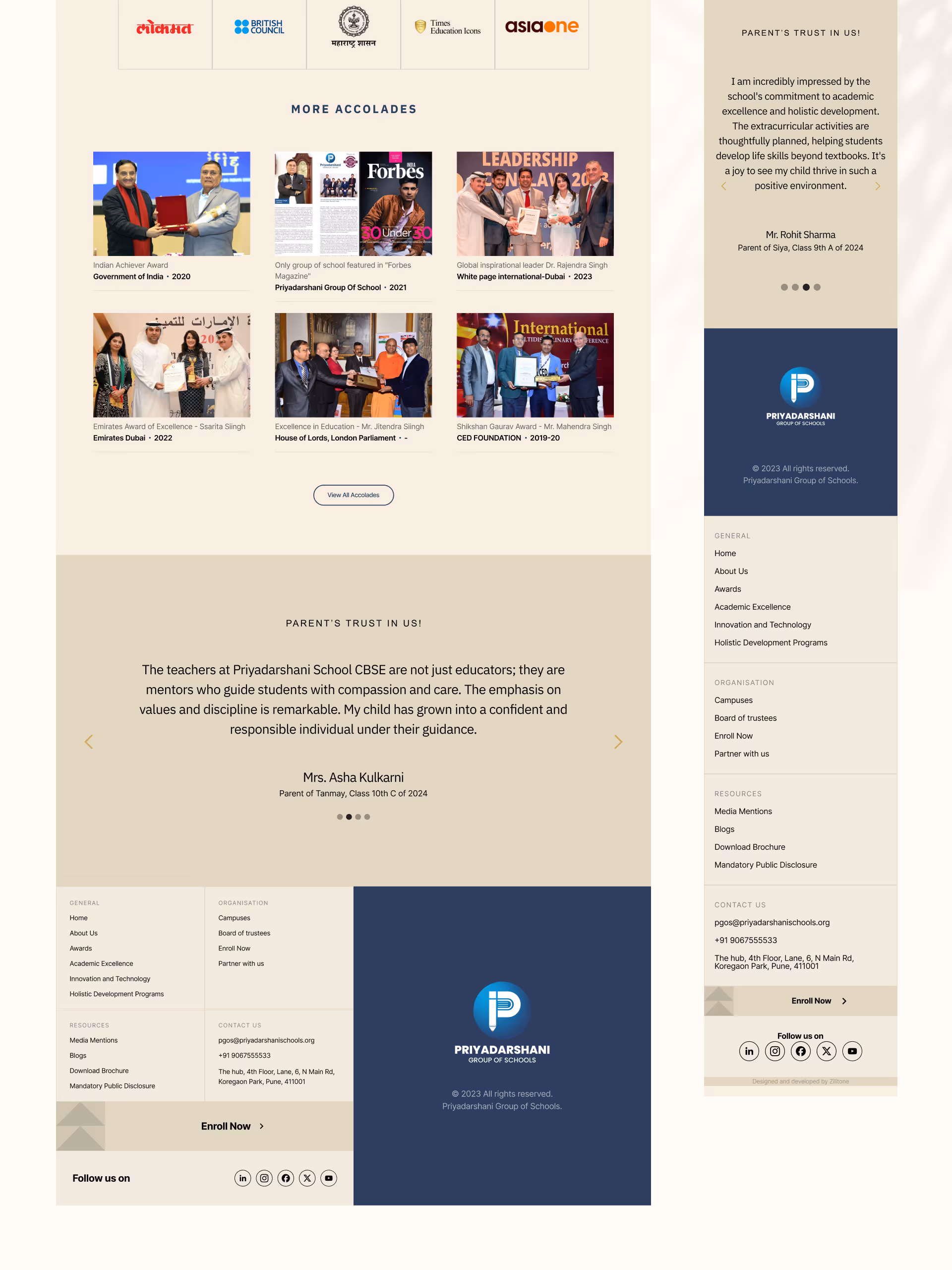 Priyadarshani Group of Schools Pune website awards and accolades section featuring Forbes recognition, British Council award, and Emirates Dubai event.