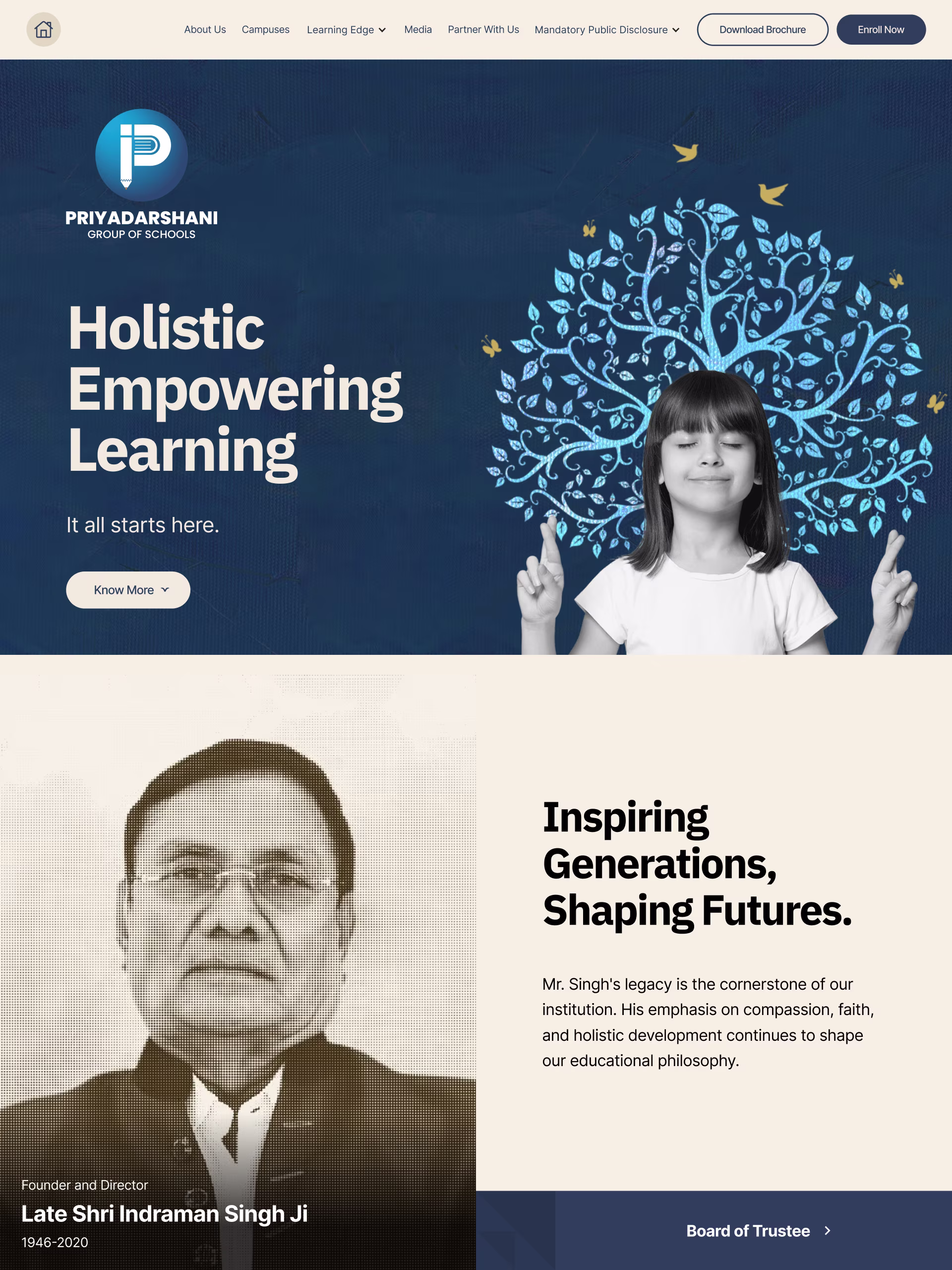 Priyadarshani Group of Schools Pune website homepage showing holistic empowering learning banner with student image and founder Late Shri Indraman Singh Ji tribute.
