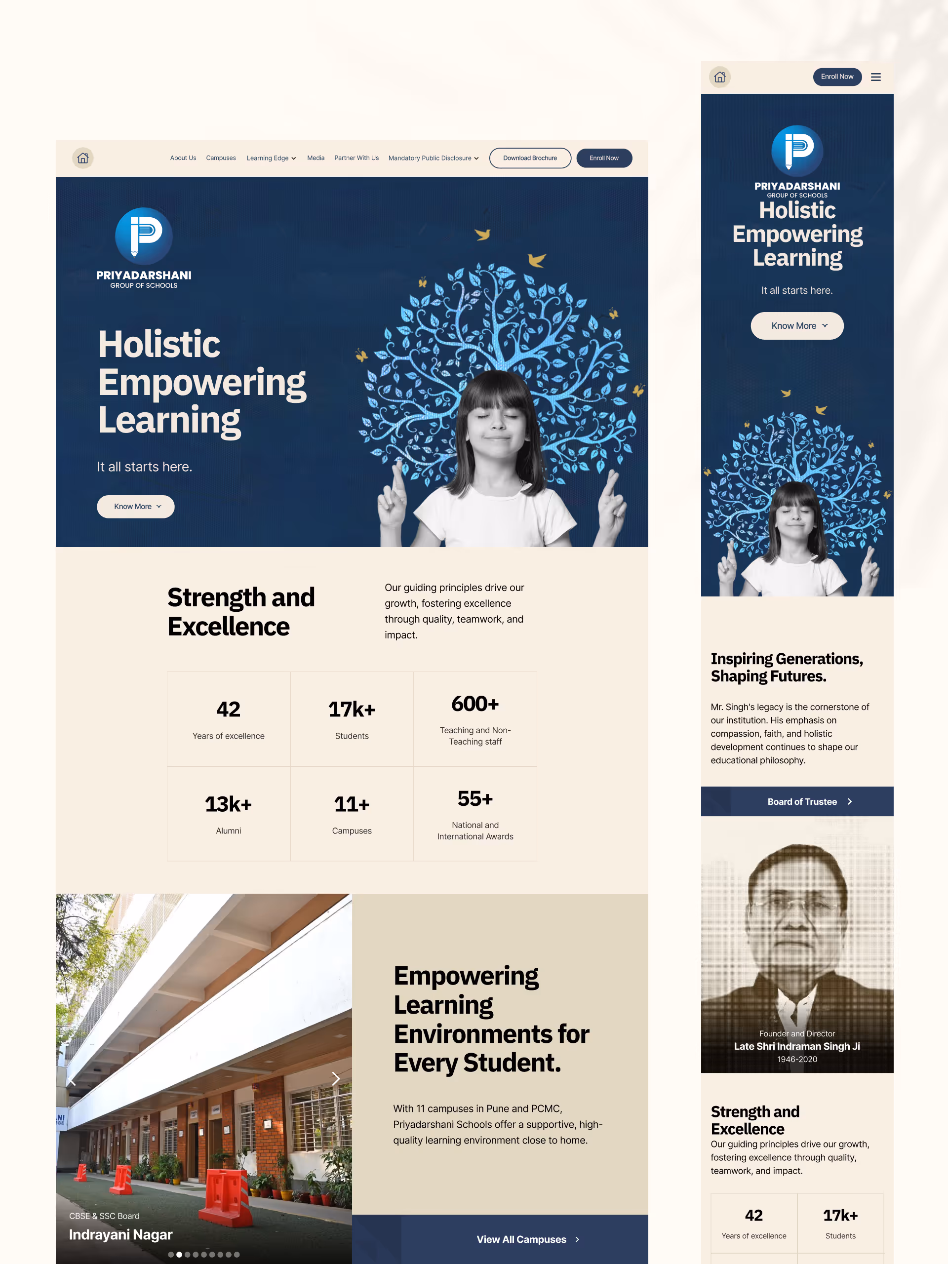 Priyadarshani School website redesign preview in desktop and mobile view.