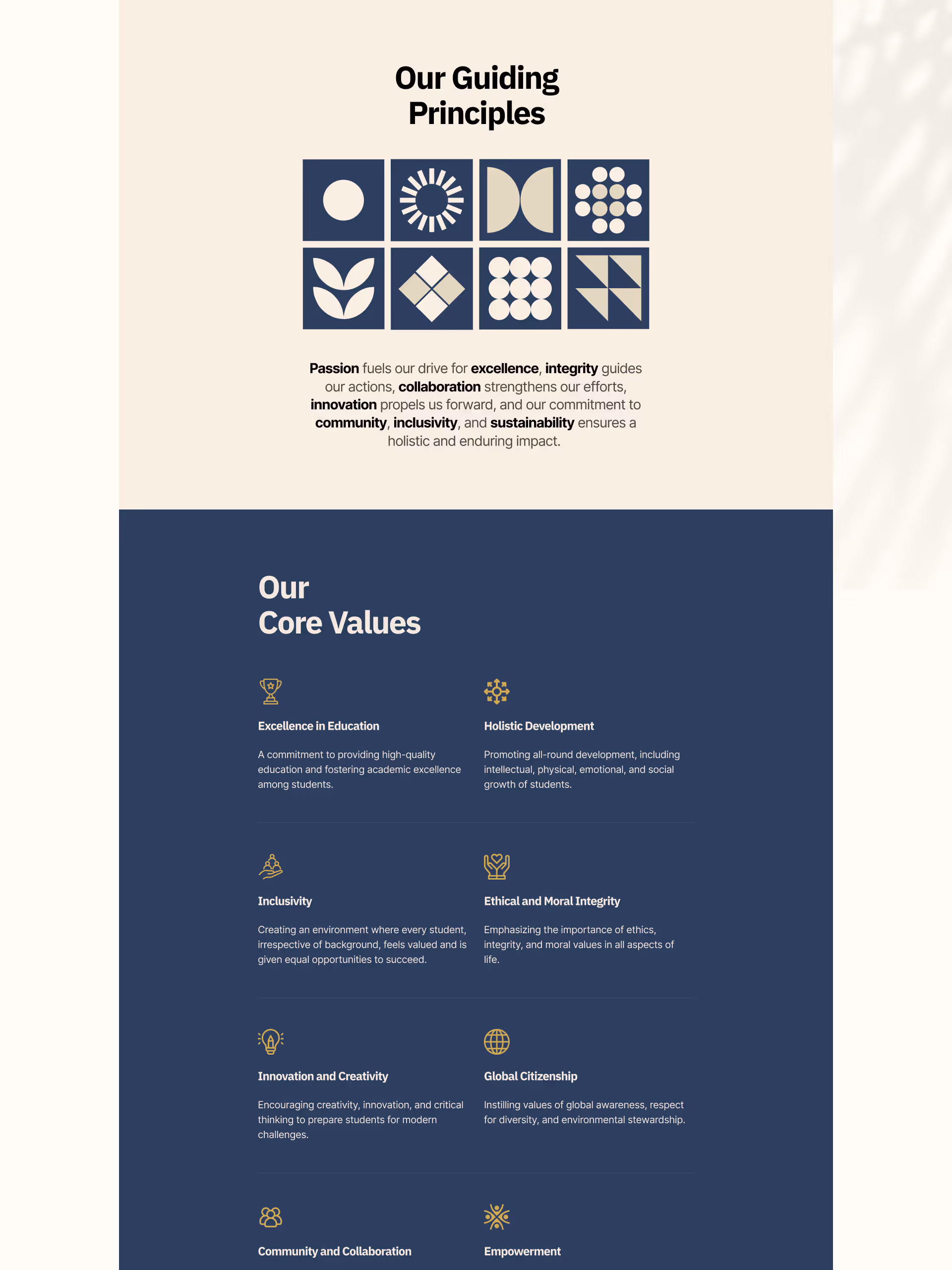 Priyadarshani School Pune website core values and guiding principles section with icons for excellence, inclusivity, innovation, and global citizenship.